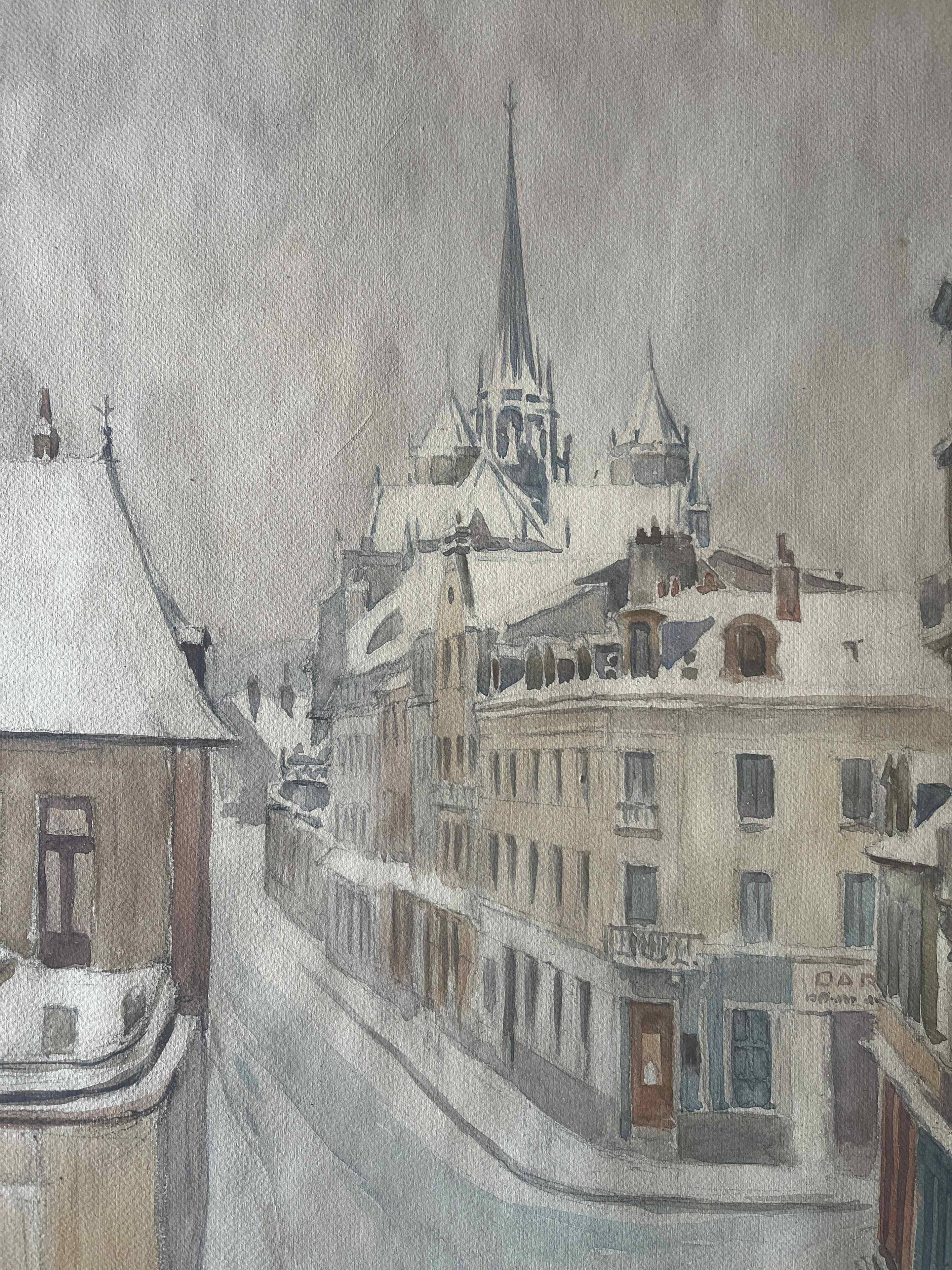 Two-sided watercolor painting Dijon Cathedral St Benigne/ Ouche by Henri Gabet 1899