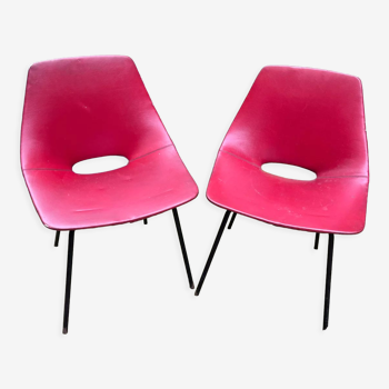 Paire de chaises Amsterdam Pierre Guariche tapisserie simili rouge d’origine Steiner