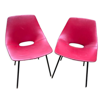 Paire de chaises Amsterdam Pierre Guariche tapisserie simili rouge d’origine Steiner