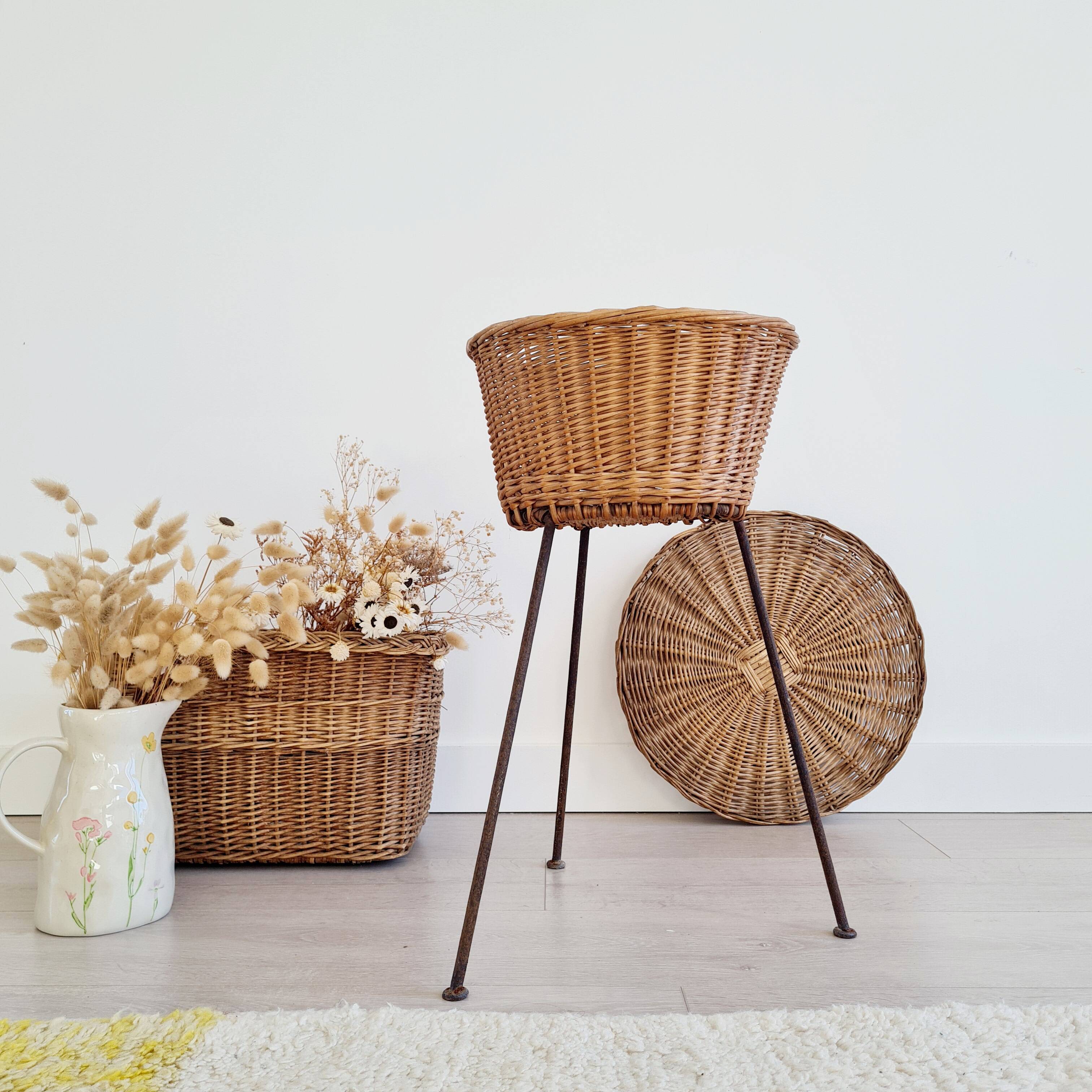 Rattan and metal tripod planter