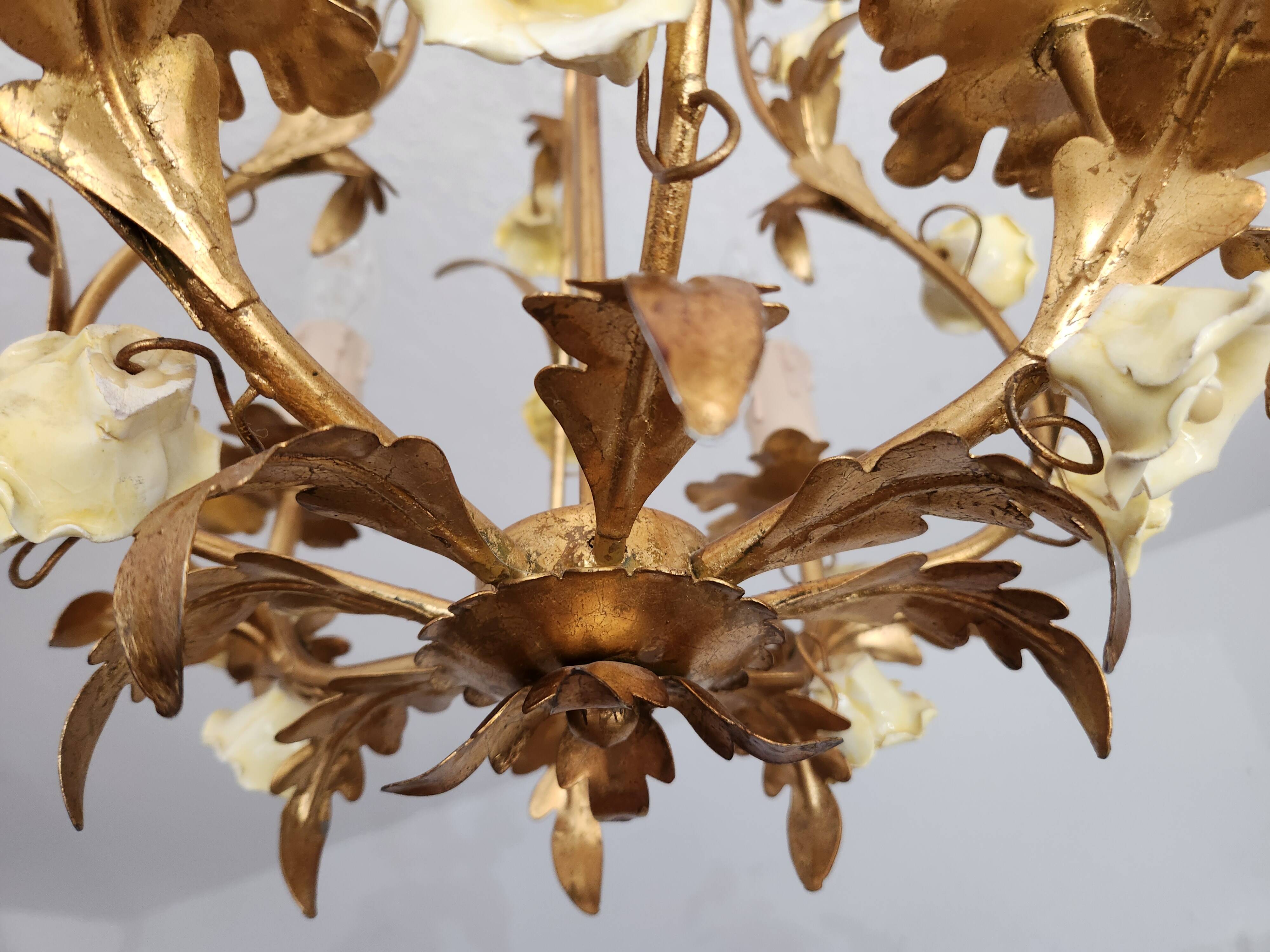 Vintage gilded hand-forged Florentine ceiling light with porcelain roses.