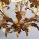 Vintage gilded hand-forged Florentine ceiling light with porcelain roses.