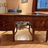 Antique Empire-style desk in burr veneer, green leather, with a dash.