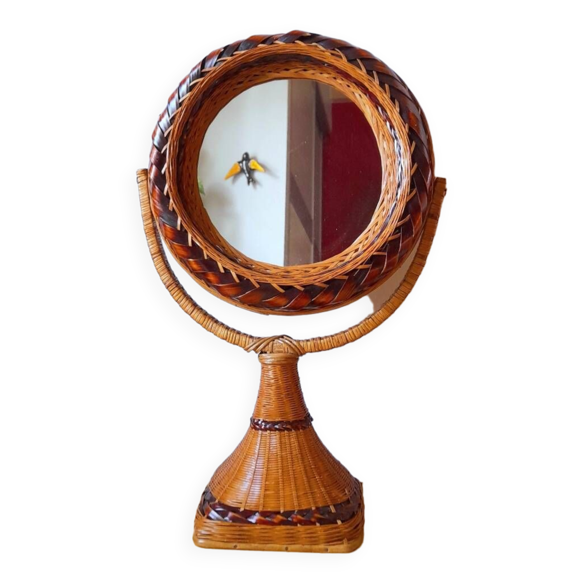 Woven wicker standing mirror