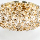 Small delicate ceiling light in gilded brass and cut glass in the shape of flowers by Palwa, Germany, 1970s.