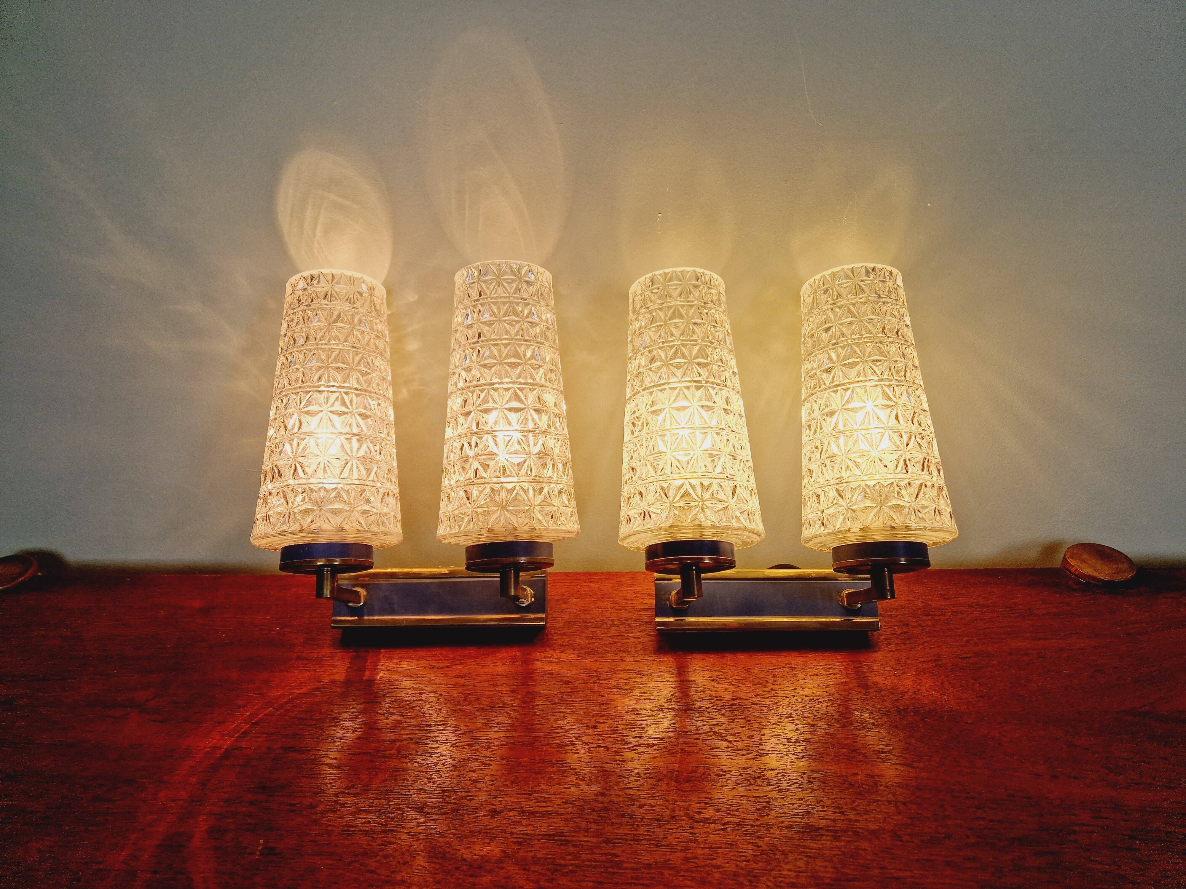 Pair of double wall lights in glass and blue lacquered metal, 1950s-60s