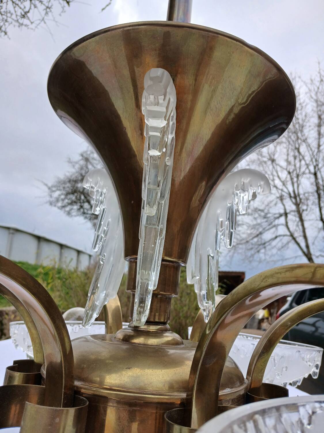Antique Art Deco brass and glass chandelier