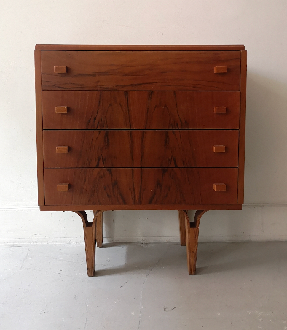 Chest of drawers in rosewood and vintage mid-century black glass, czechoslovakia 1970