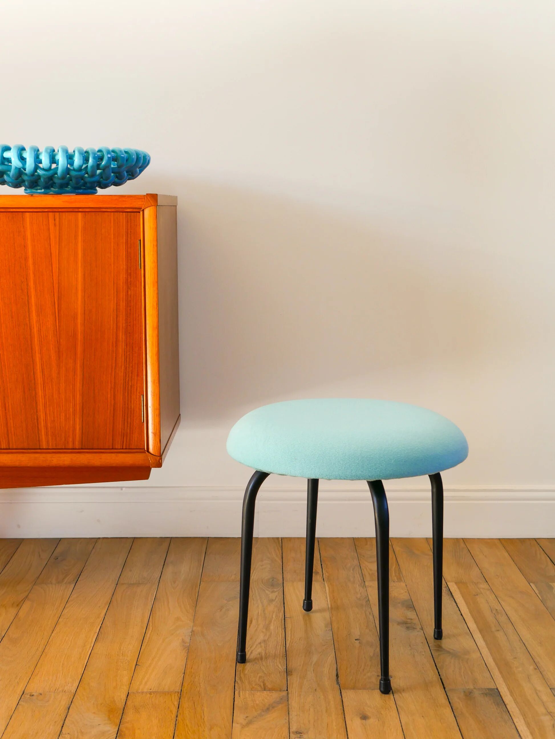 Black iron stool and boiled wool, turquoise blue, 1960