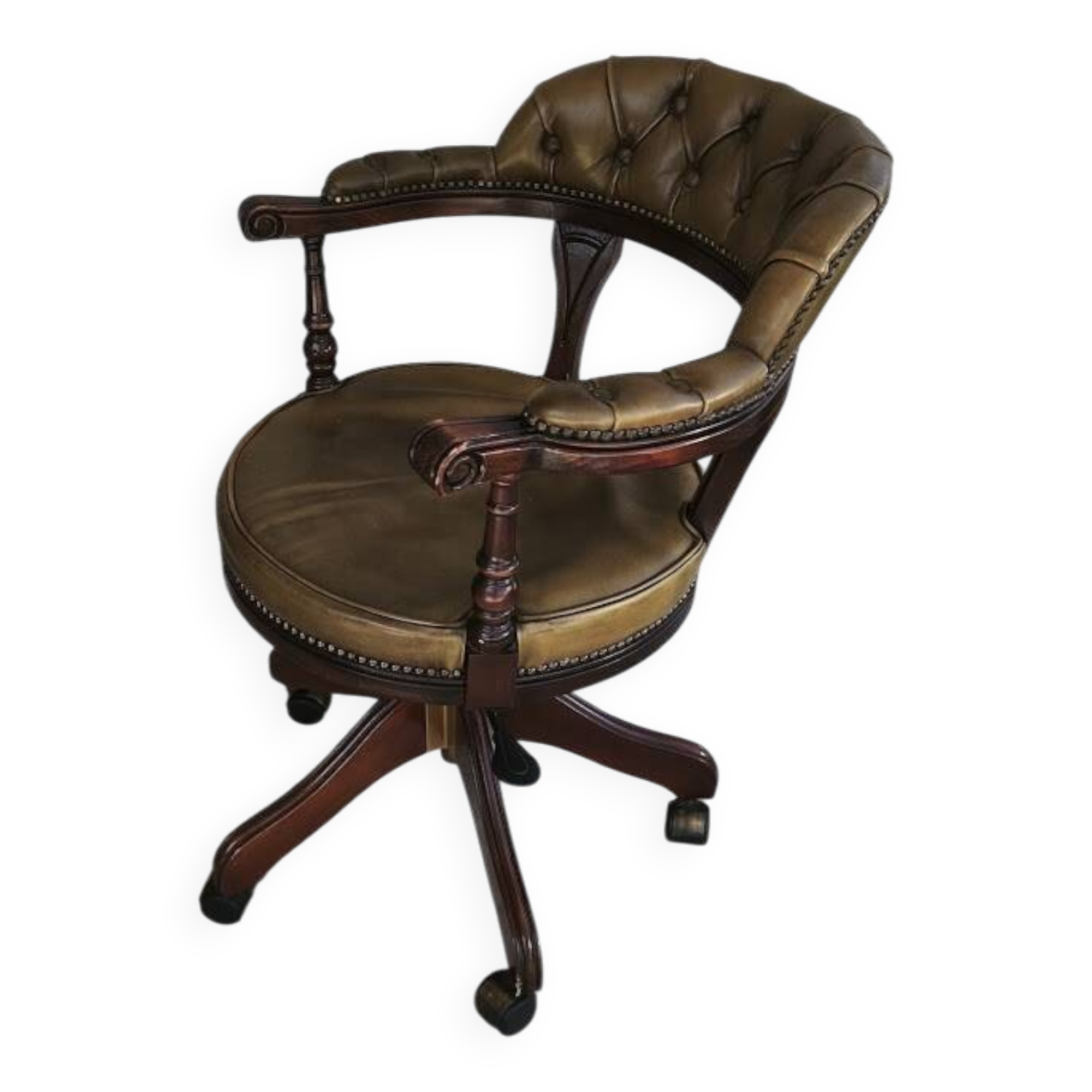 English "Captain" Chesterfield office chair in green leather
