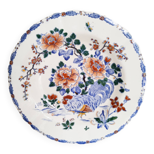 Assiette creuse, plat creux en faïence de Gien  , modèle coq et pivoines, années 1930