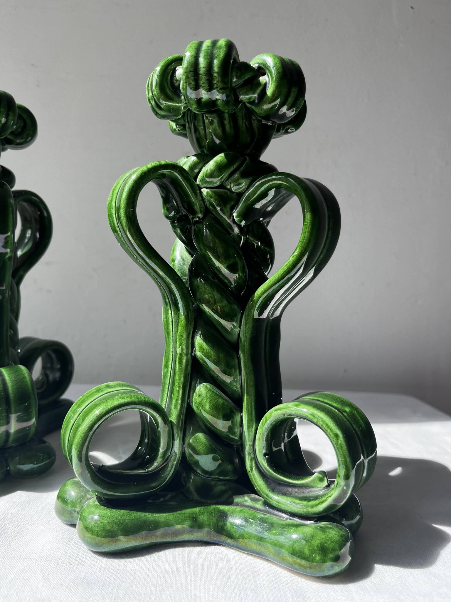 Lot of woven ceramic candle holders in green Vallauris.