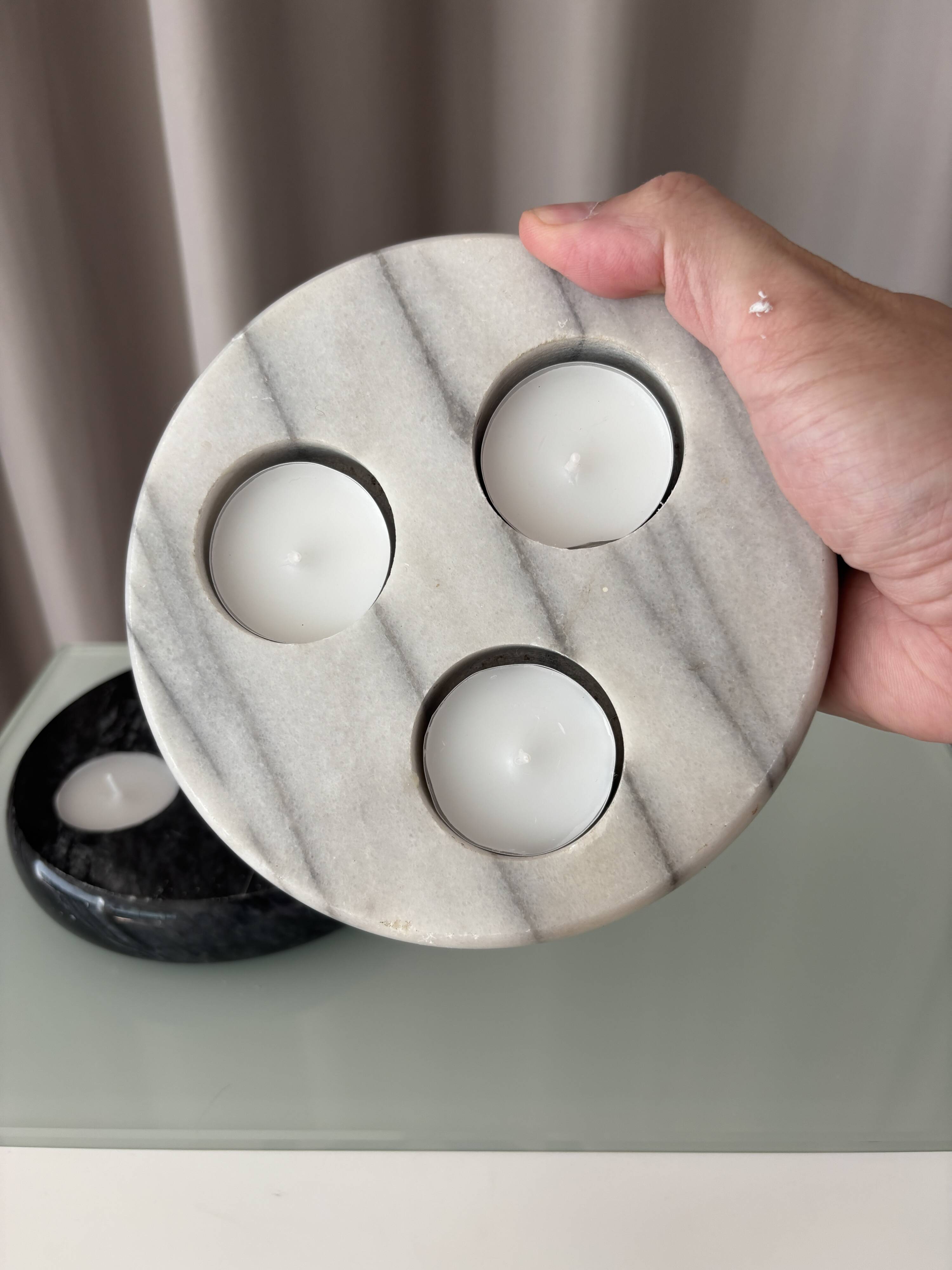 Pair of Vintage Marble Triple Tealight Candle Holders – Black & White