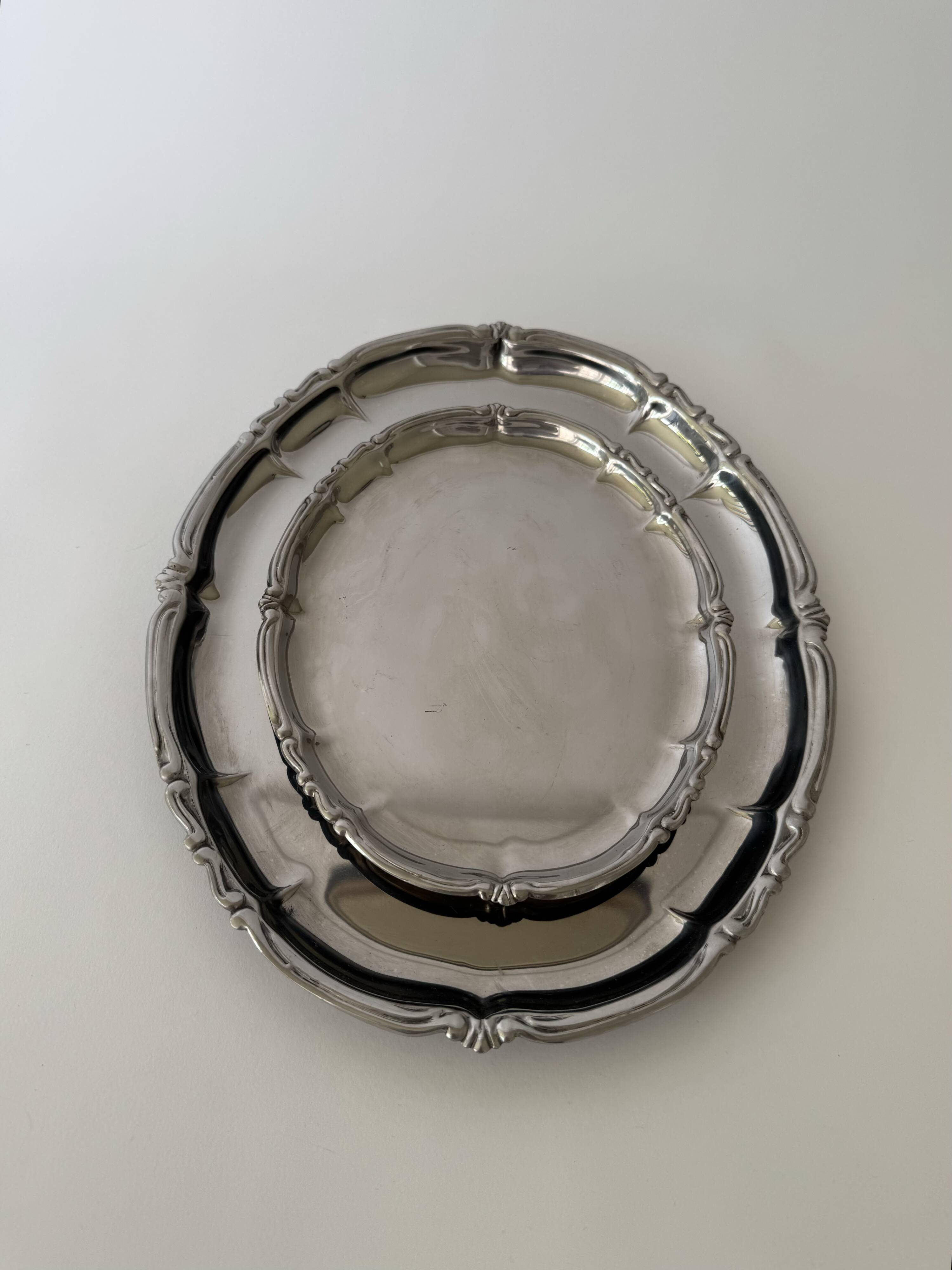 Vintage Baroque Style Italian Stainless Steel Pair of Serving Platters