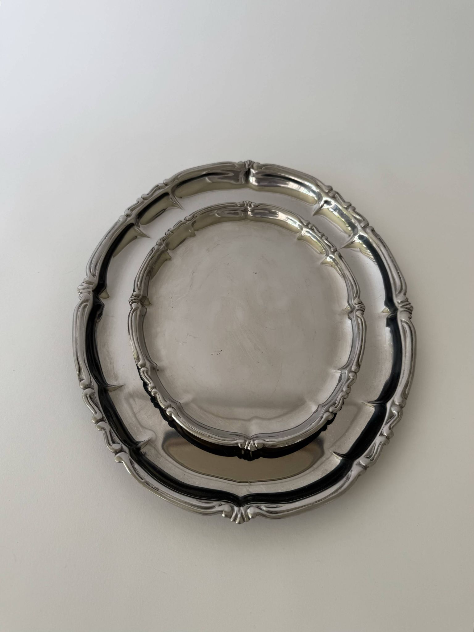 Vintage Baroque Style Italian Stainless Steel Pair of Serving Platters