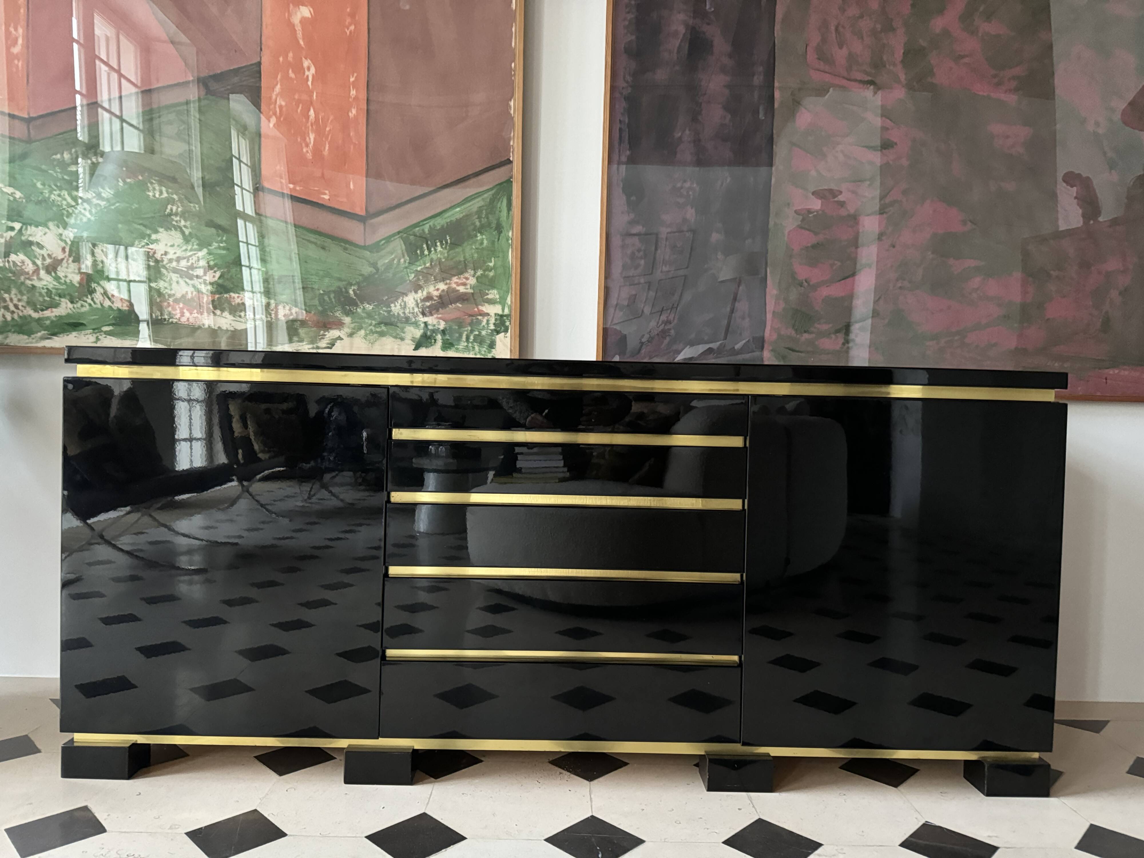 Black lacquered and brass sideboard, 1970s
