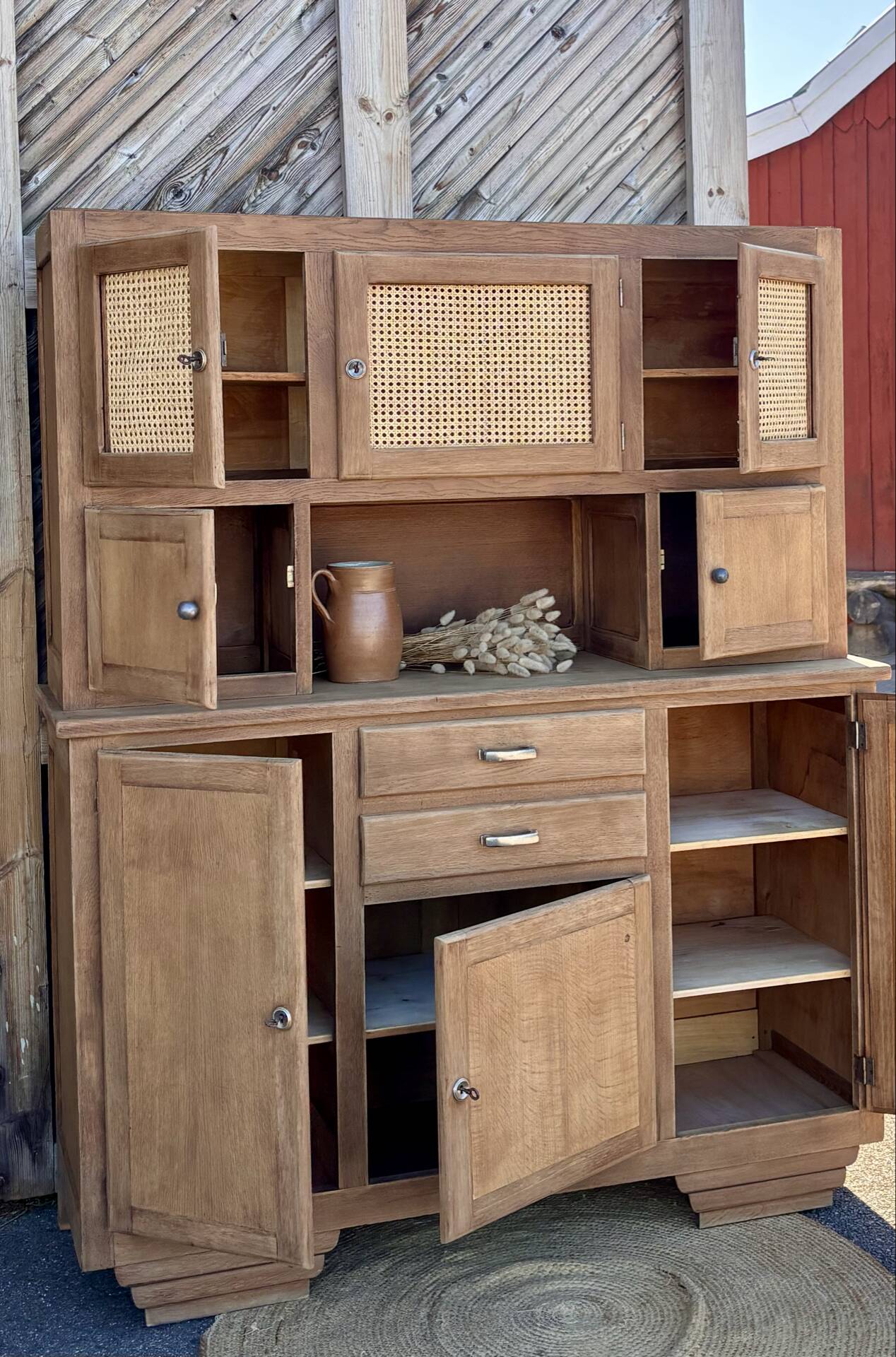 Large buffet with 2 bodies / oak and cane sideboard
