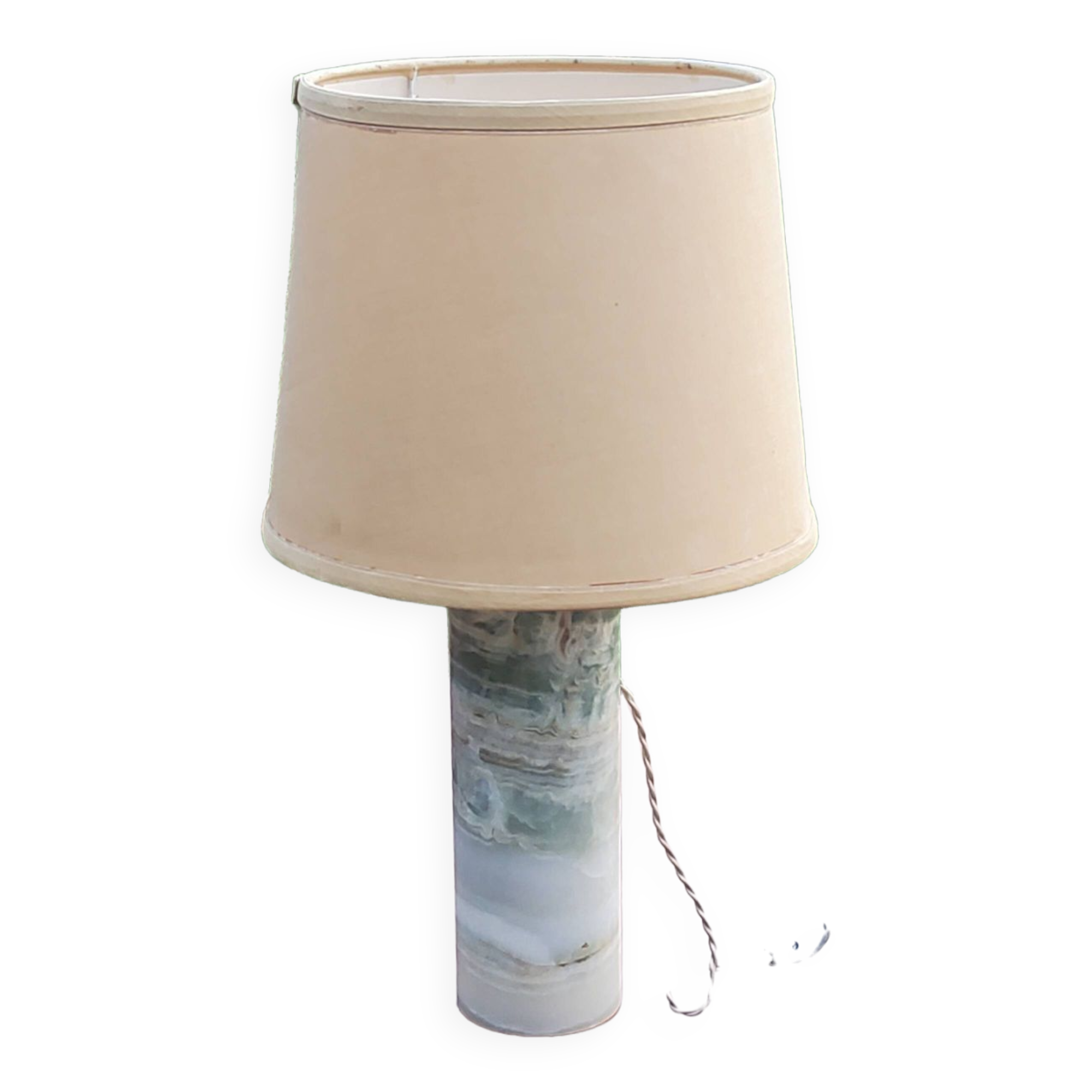 Designer lamp from the 70s in almond green onyx with original fabric shade