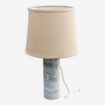 Designer lamp from the 70s in almond green onyx with original fabric shade