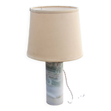 Designer lamp from the 70s in almond green onyx with original fabric shade