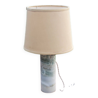 Designer lamp from the 70s in almond green onyx with original fabric shade
