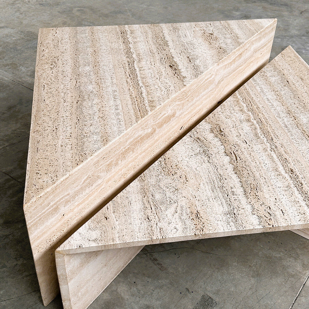 Up & Up large Italian Brutalist travertine coffee table, two-piece geometric mod