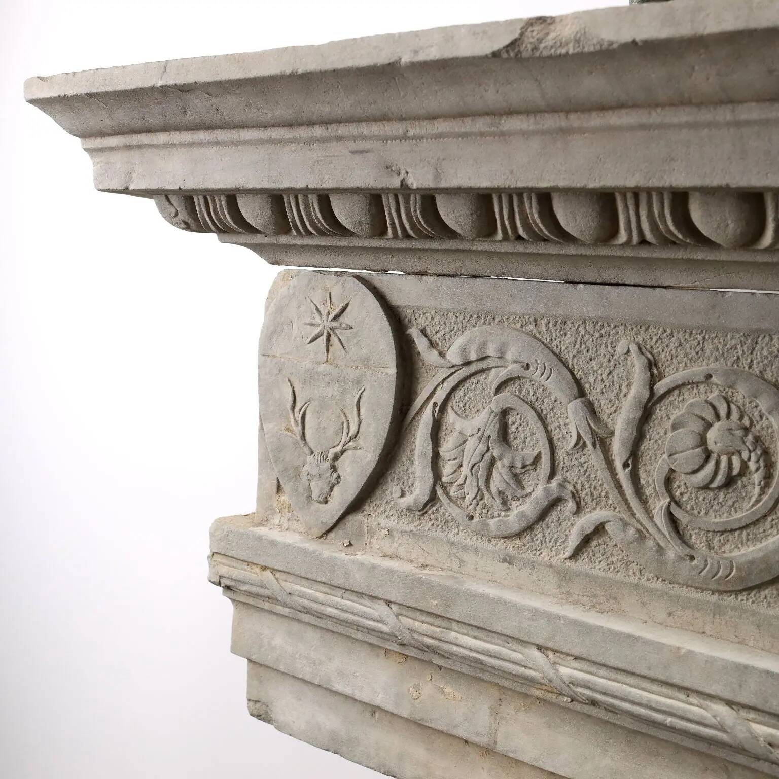 Ancient Renaissance fireplace lintel in pietra serena stone, 15th century.