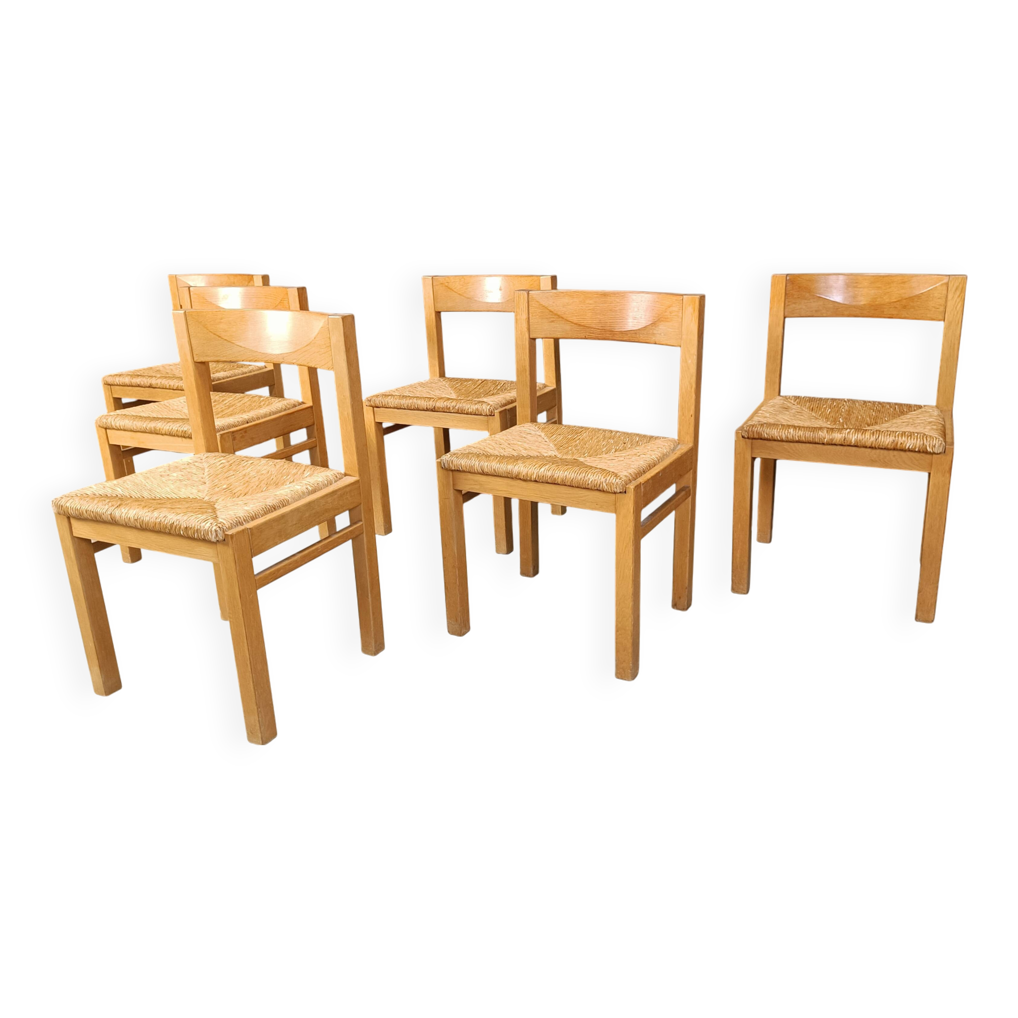 Vintage oak and wicker dining chairs, 1960s