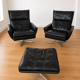 Vintage Danish Georg Thams matching black leather lounge chairs 1970s