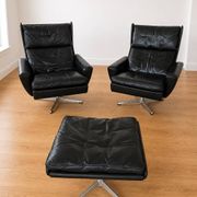 Vintage Danish Georg Thams matching black leather lounge chairs 1970s