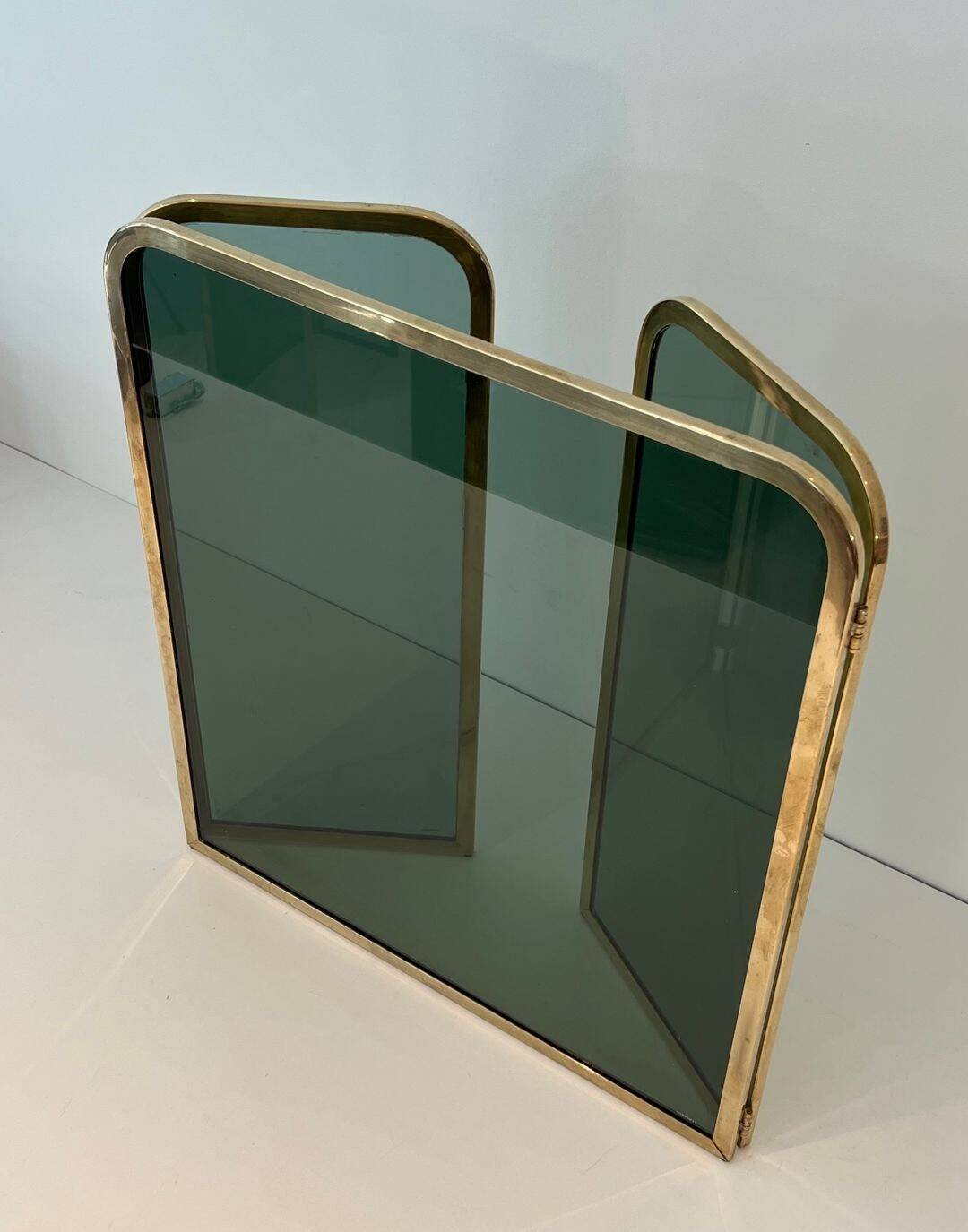 Three-Panel Folding Fire Screen in Tinted Green Glass with Brass Frame
