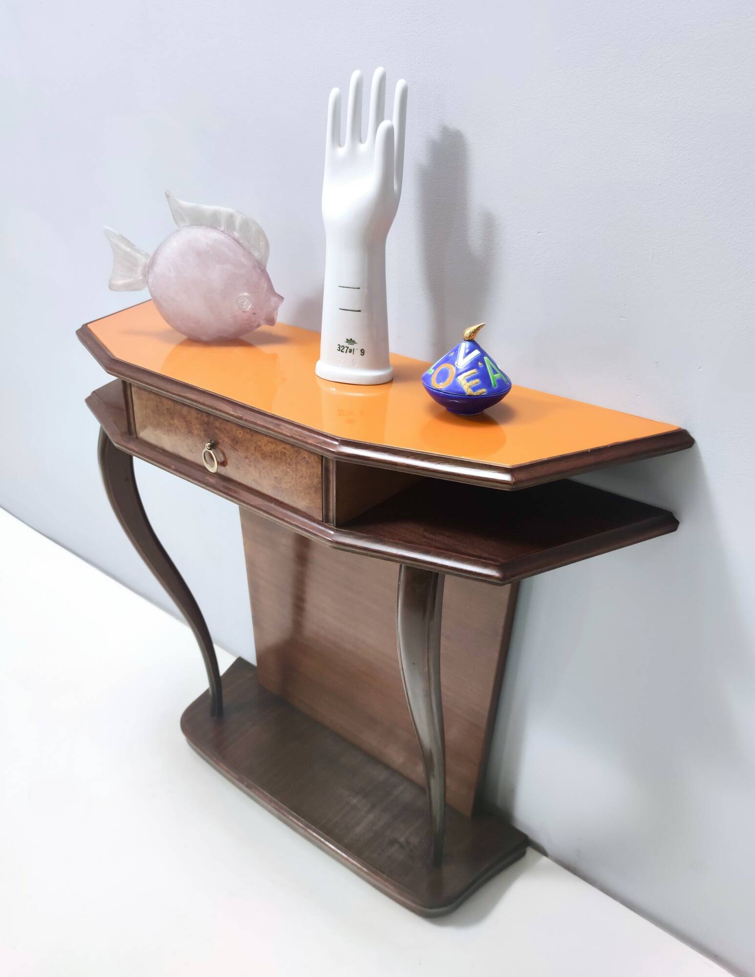 Beech and Walnut Root Console Table with an Orange Glass Top, Italy