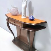 Beech and Walnut Root Console Table with an Orange Glass Top, Italy