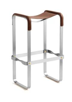 Contemporary bar stool in aged silver steel and natural tobacco leather.