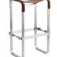 Contemporary bar stool in aged silver steel and natural tobacco leather.