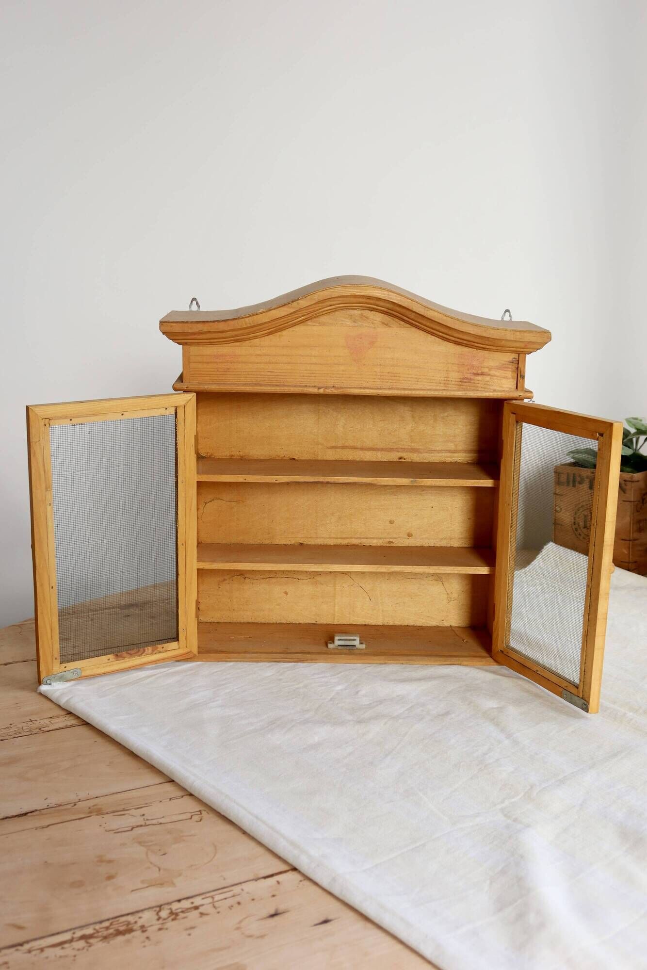 Vintage wooden wall cabinet – 2 mesh doors and shelf