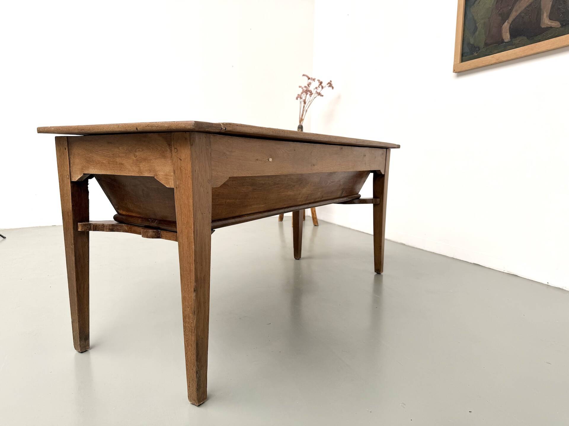 Farm table, old solid oak dough trough, France, around 1920.