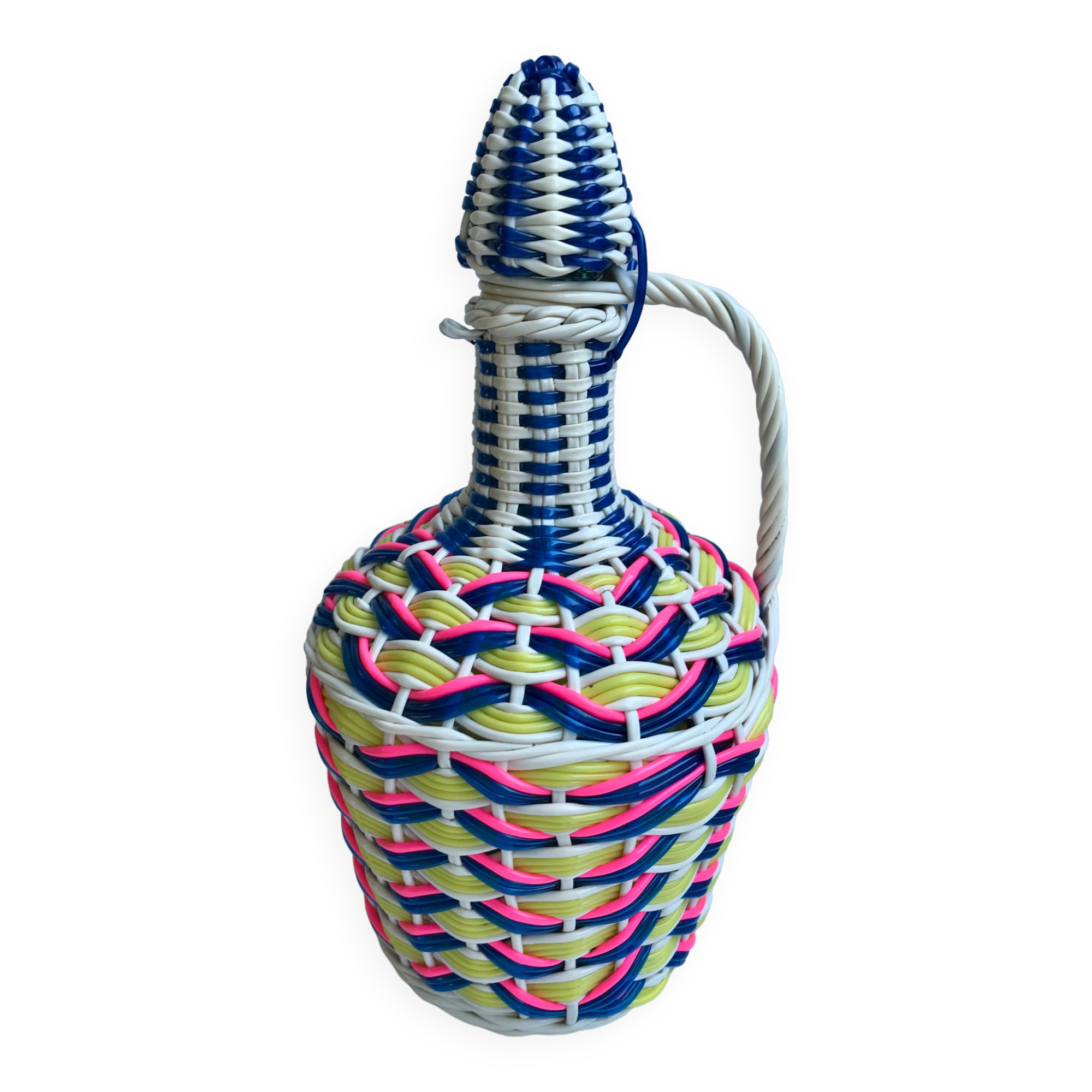 Scoubidou bottle with blue pink and yellow handle 70s