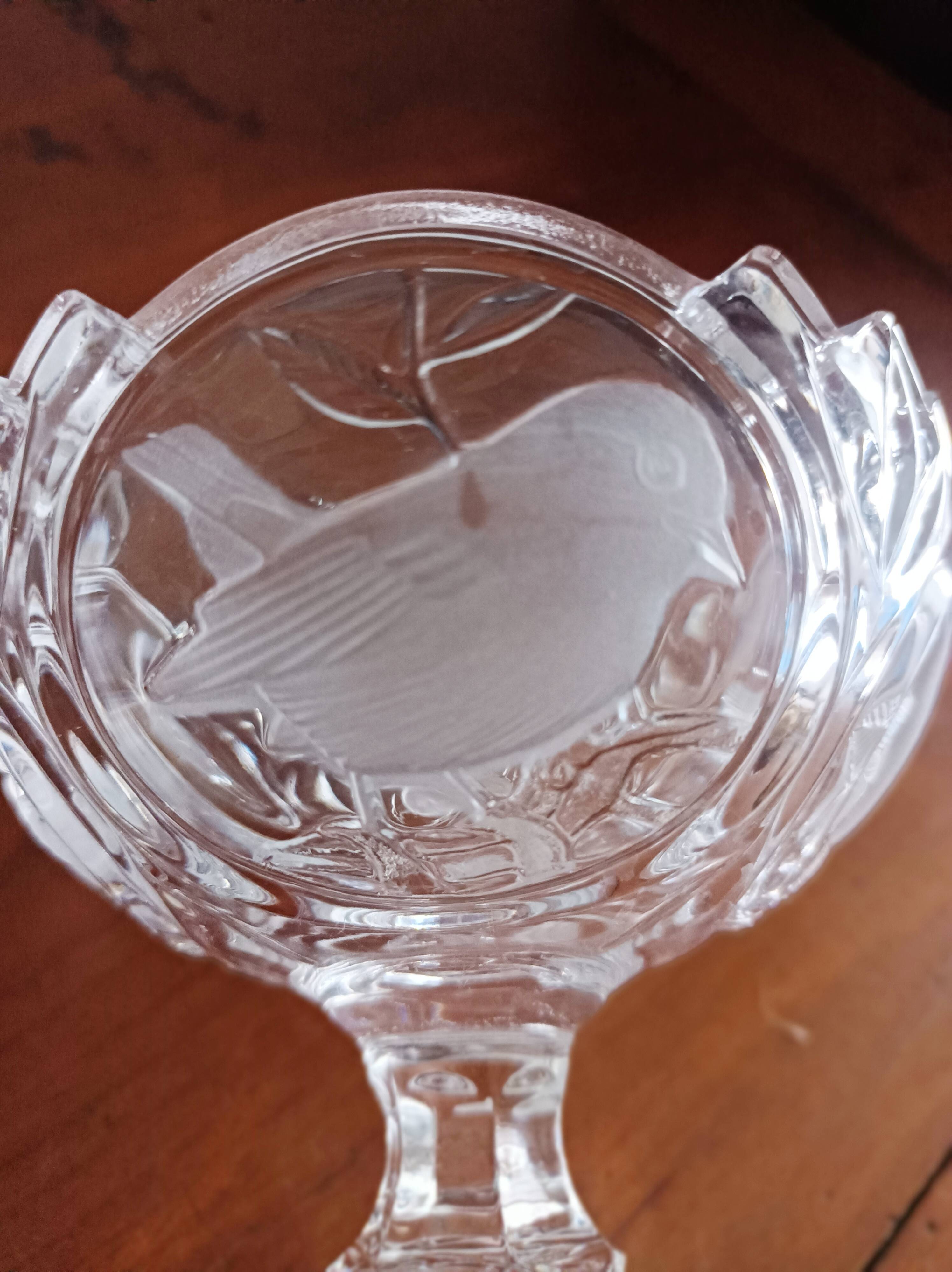 Set of 7 Arques crystal dessert bowls, Passereaux, bird decor