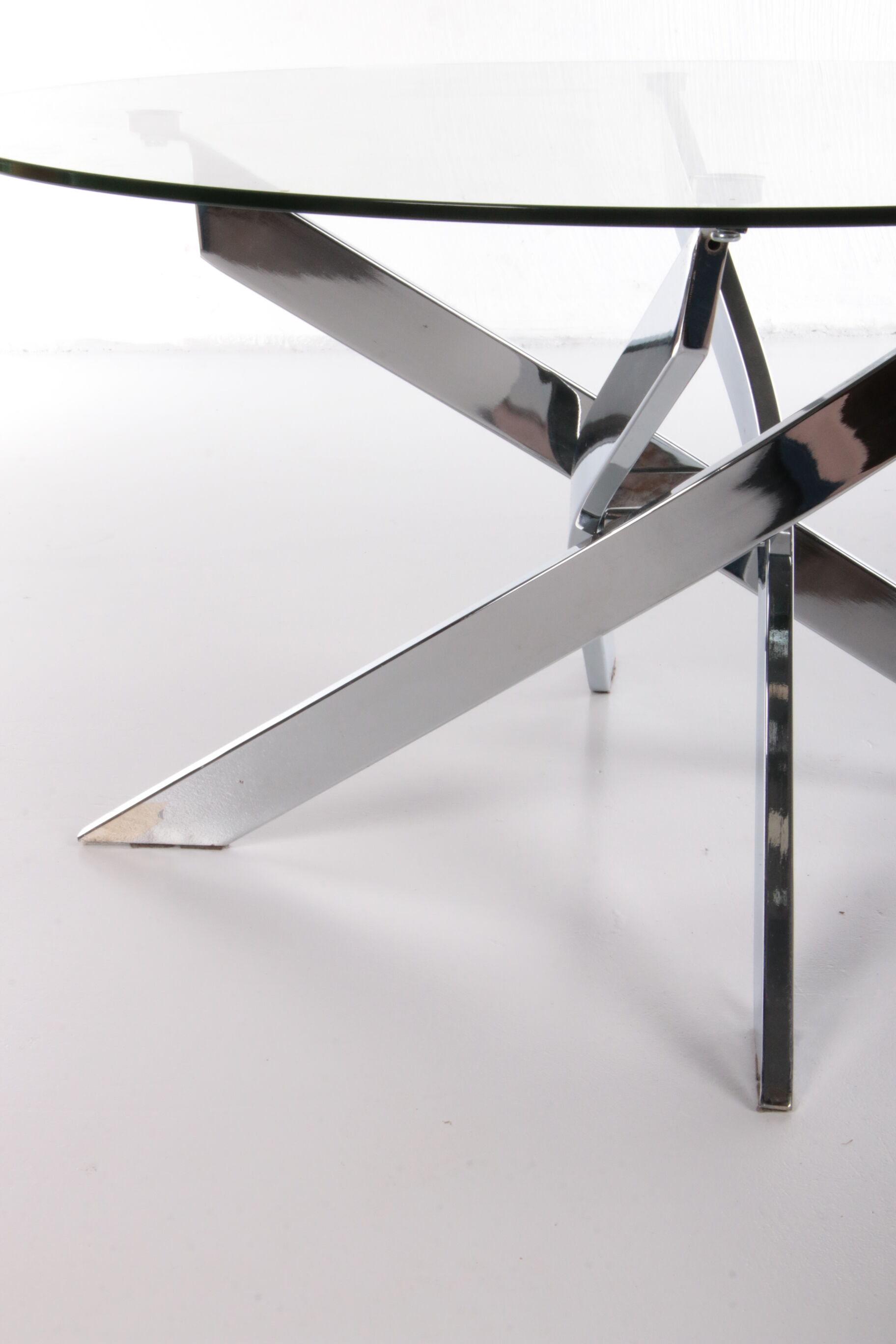 Vintage chrome coffee table with X frame and round glass top, 1980s