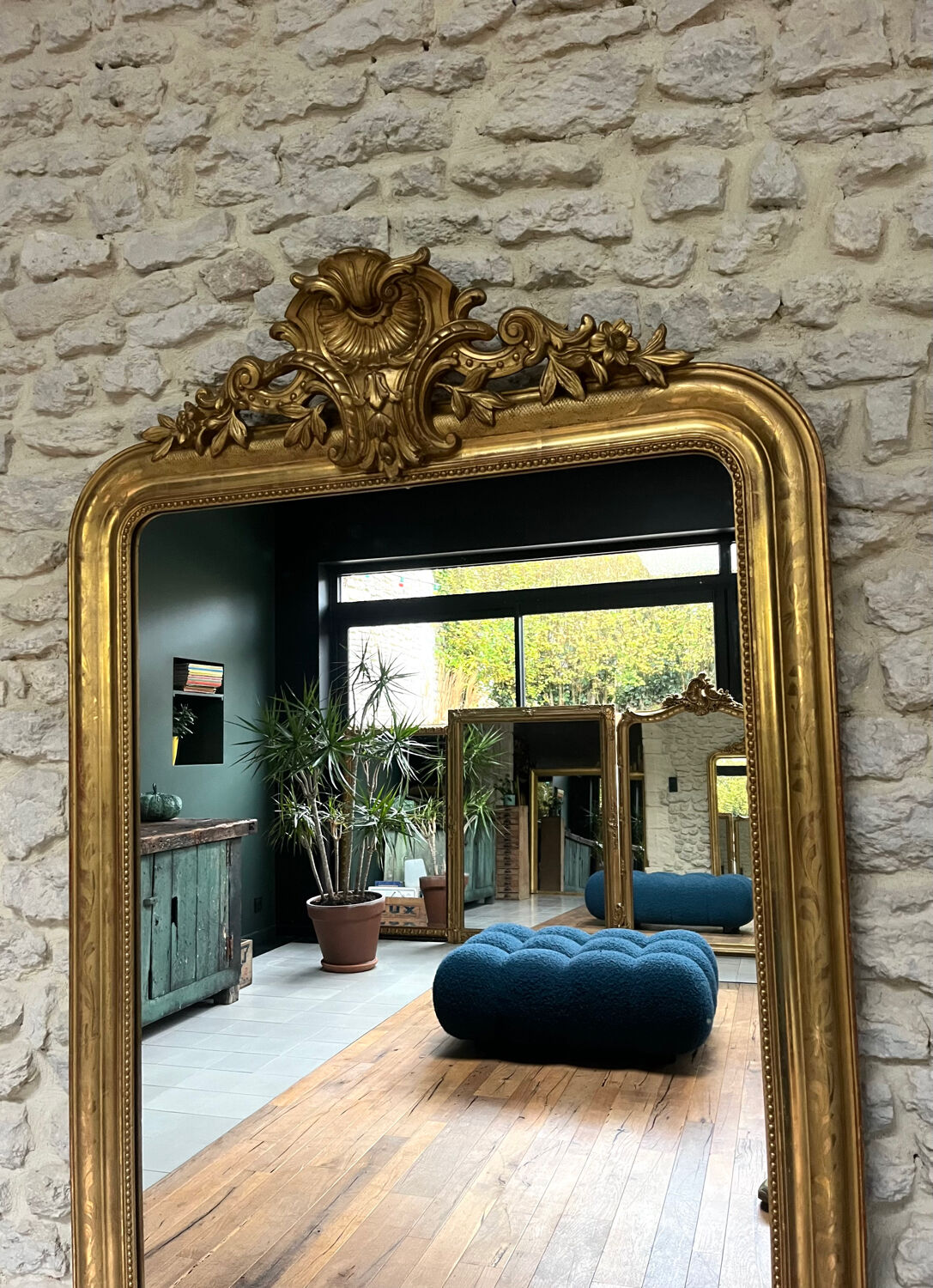 Antique mirror 173/94.5cm Louis-Philippe with a pediment and beaded overmantel.