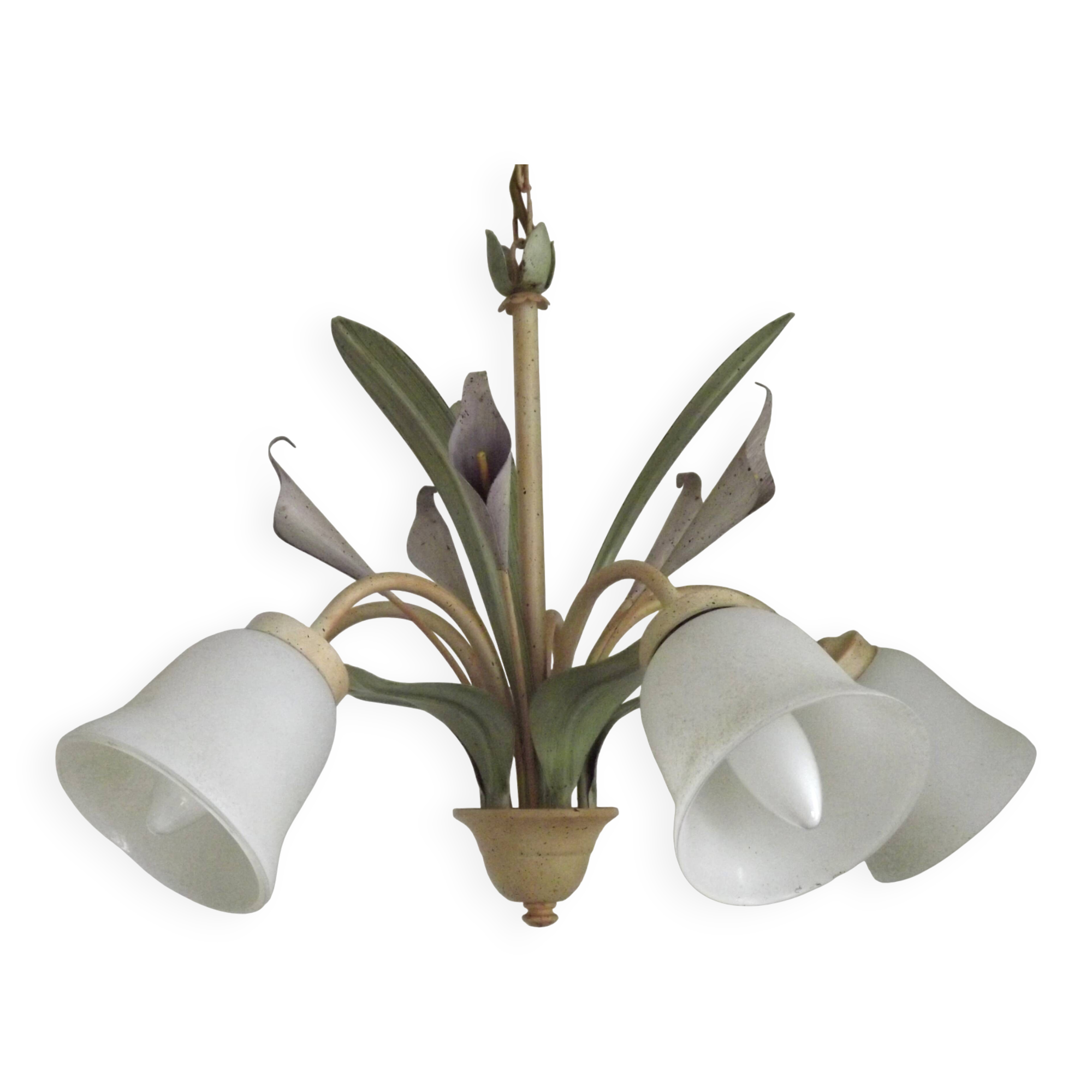 French Vintage 3 Light Lavender Lily Chandelier with Glass Shades 5480