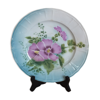 Plate Saint Amand Hamage decoration roses tremières Art Nouveau +