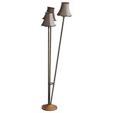 Lampadaire Art Déco 1940s en laiton et base bois, 3 branches, abat-jours beige