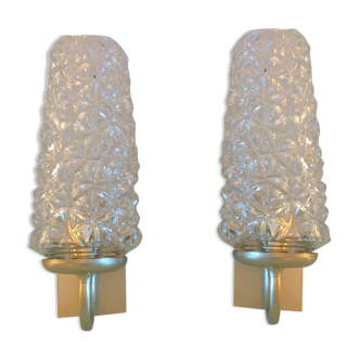 Pair of tulip glass and gold/vintage metal wall lamps 60/70