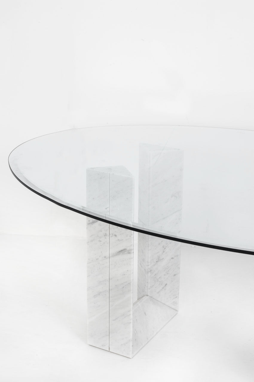 Table named "Diapason". Carrara marble and glass. Cattelan Italia. 90s.