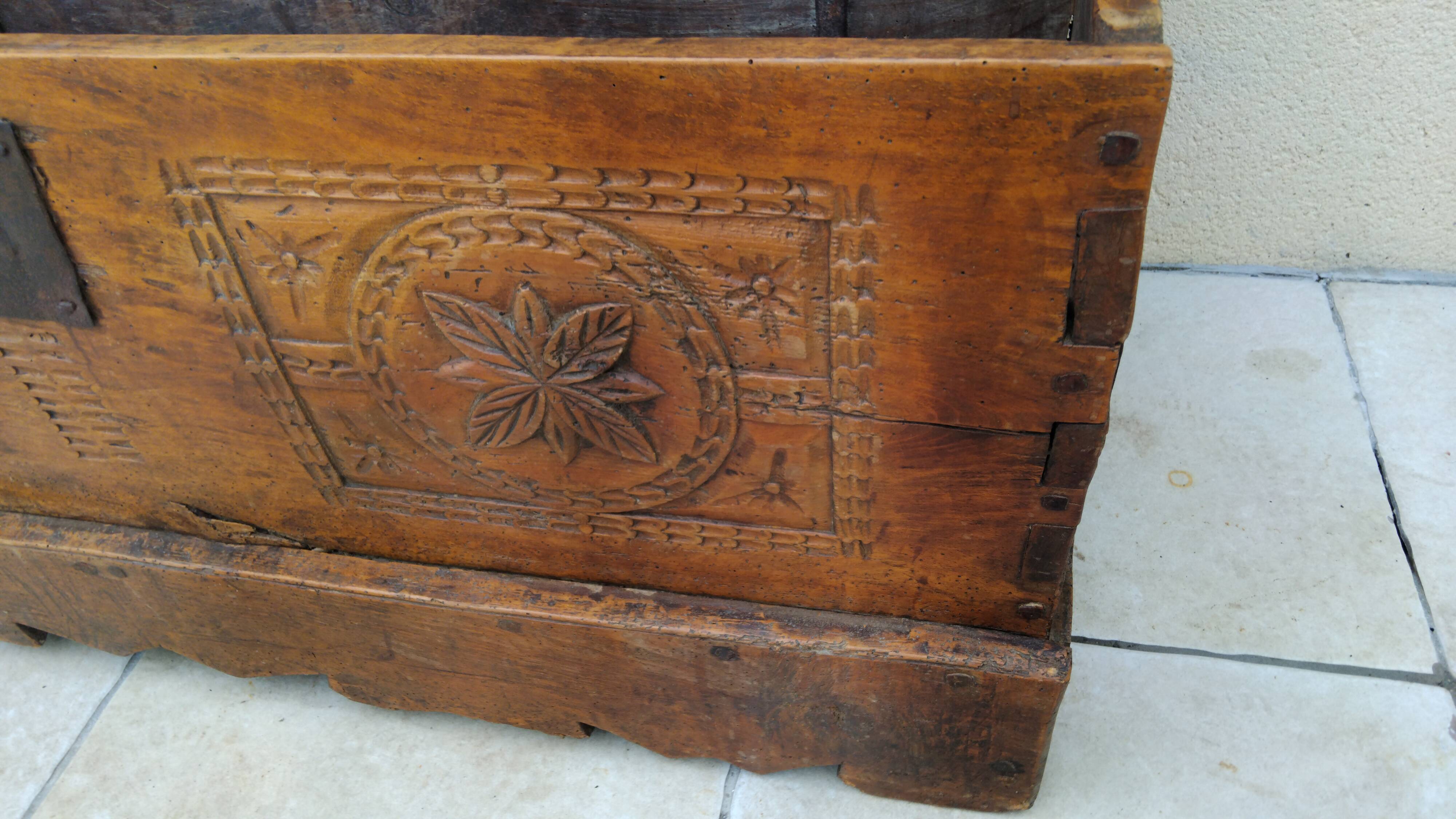 Antique marriage chest castle 17th century solid oak