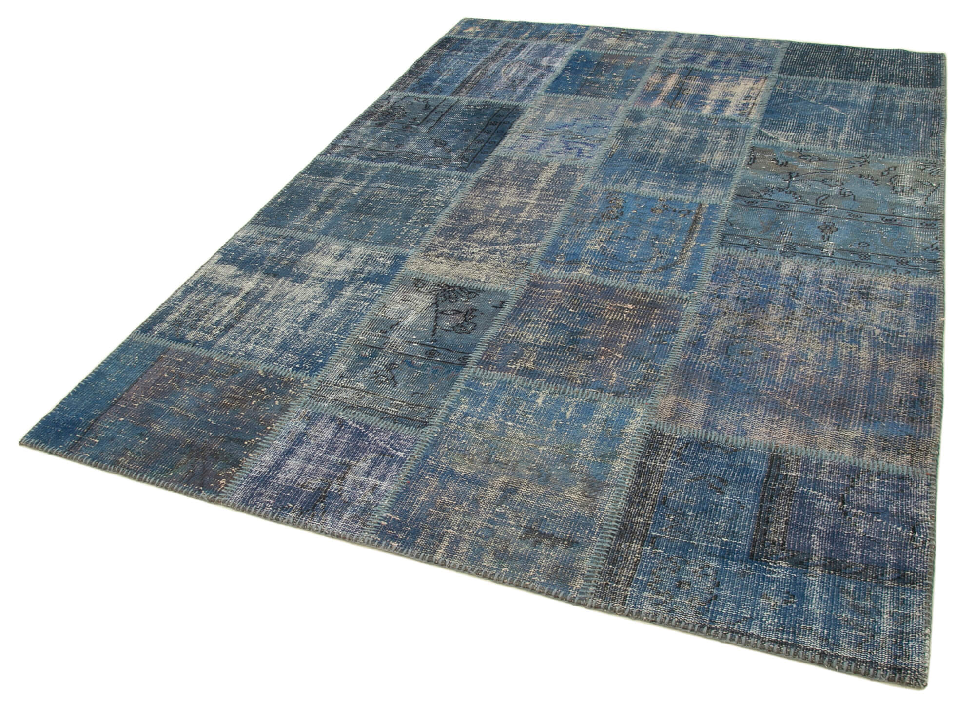 Handmade anatolian overdyed 176 cm x 243 cm blue patchwork carpet