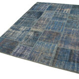 Handmade anatolian overdyed 176 cm x 243 cm blue patchwork carpet