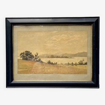 Antique Water Colour Painting Ebonised Frame